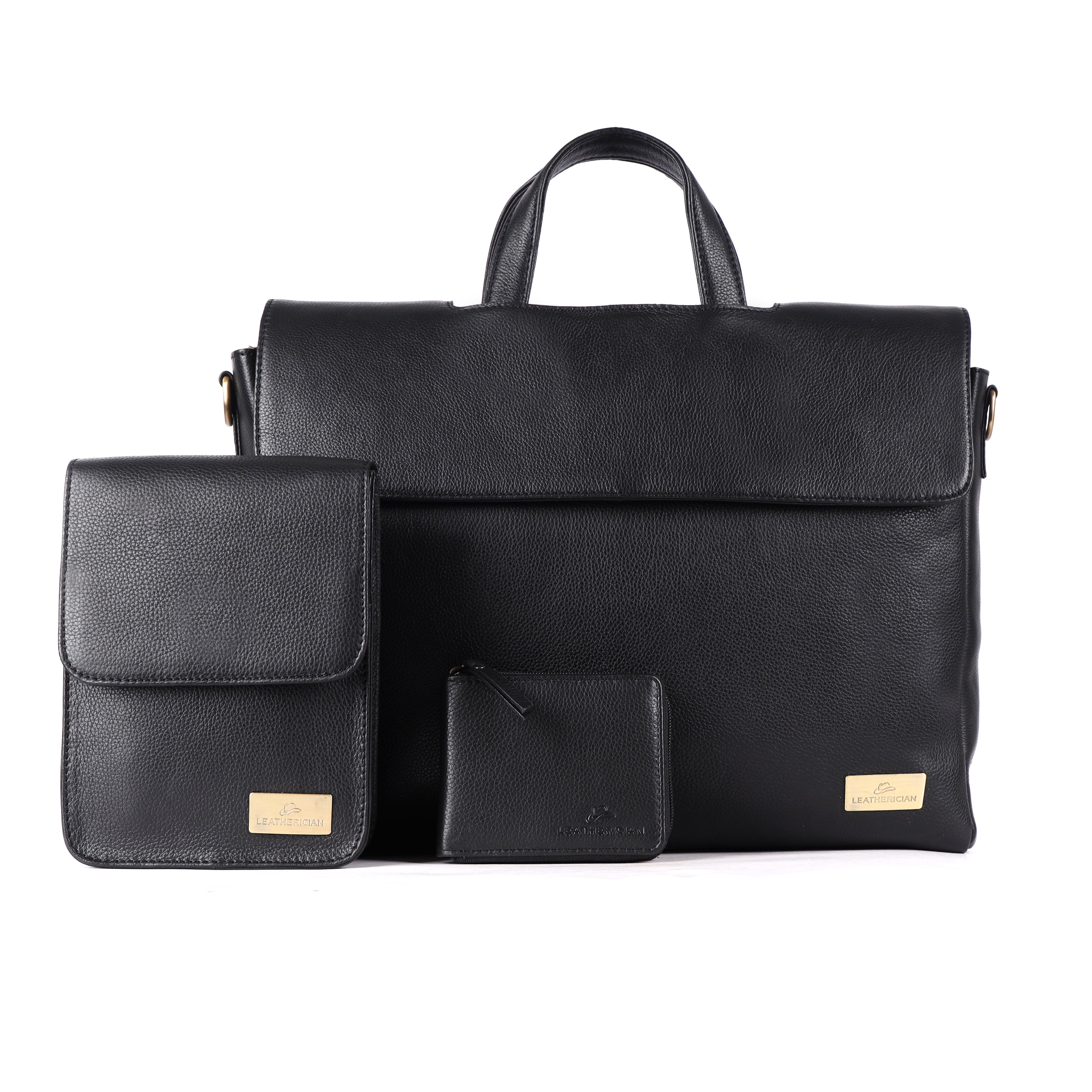 Black leather briefcase set with smaller pouches on a white background