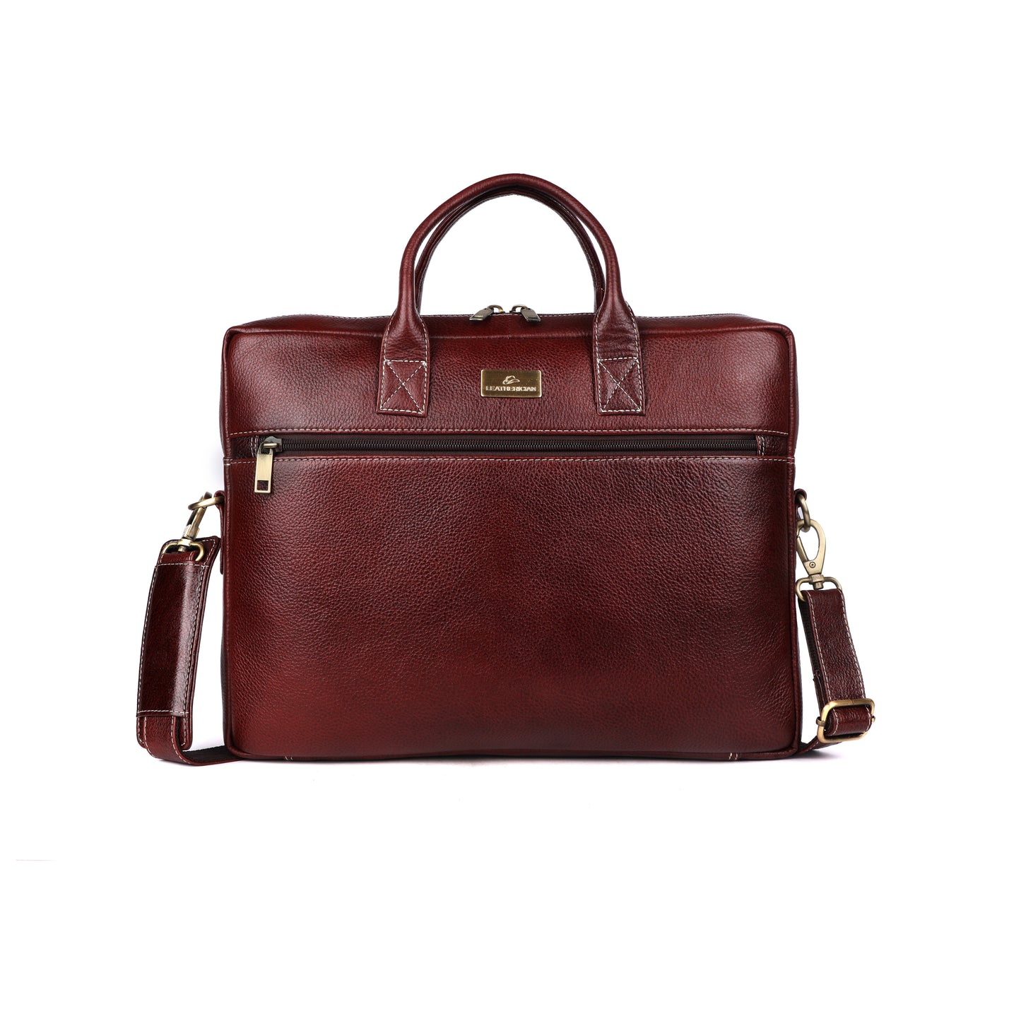 Brown leather briefcase with gold zipper