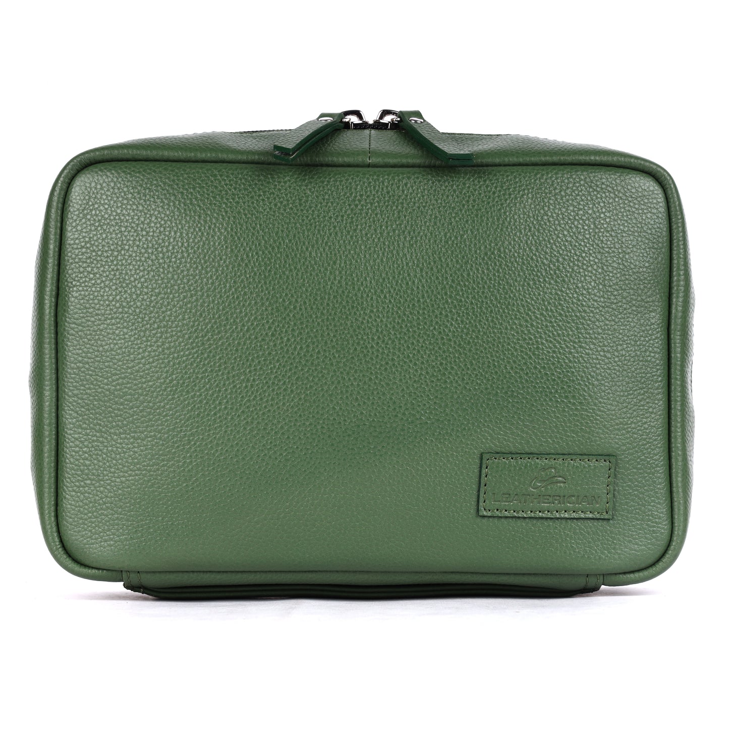 Green leather toiletry bag with a visible brand logo on a white background