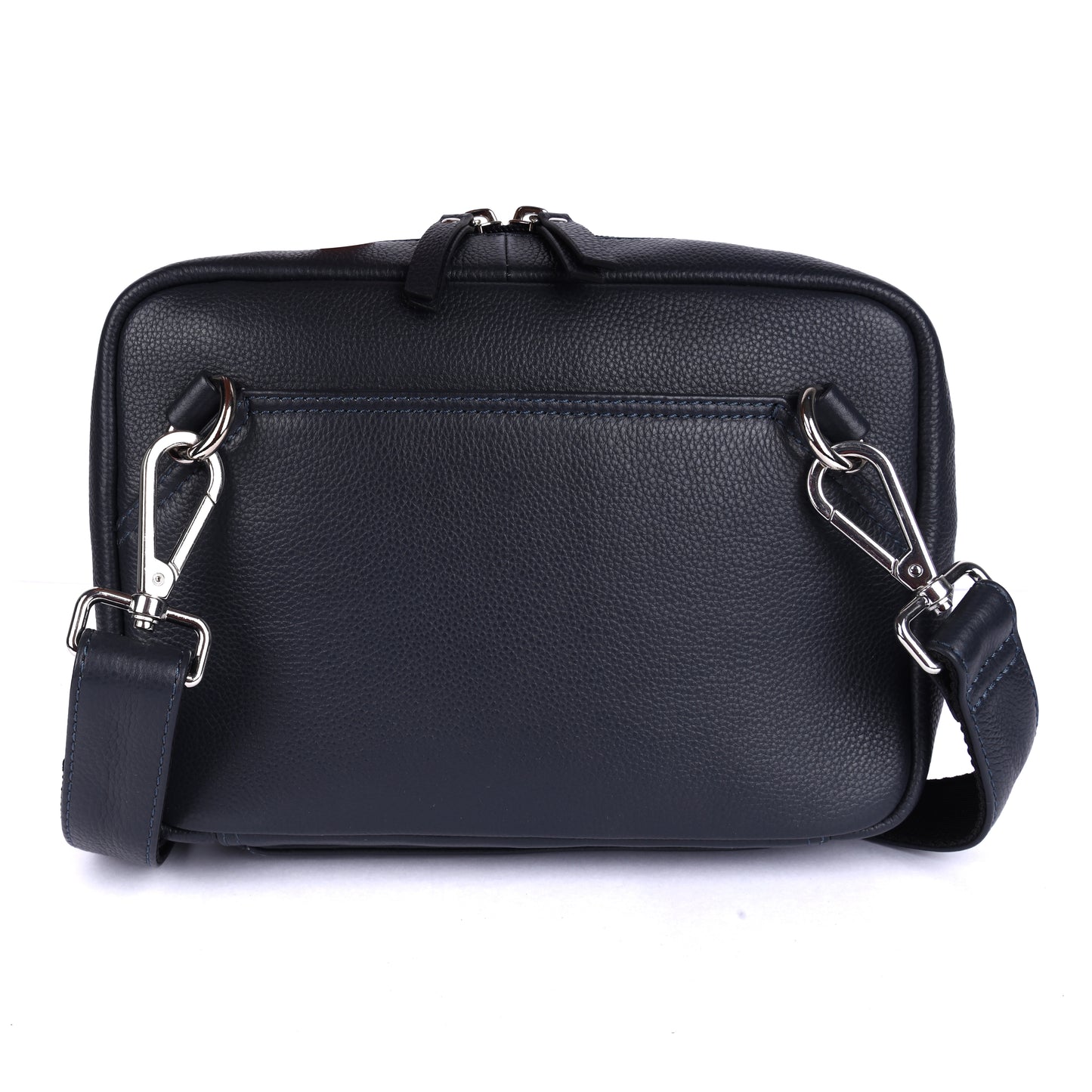 Black leather bag with silver hardware on a white background