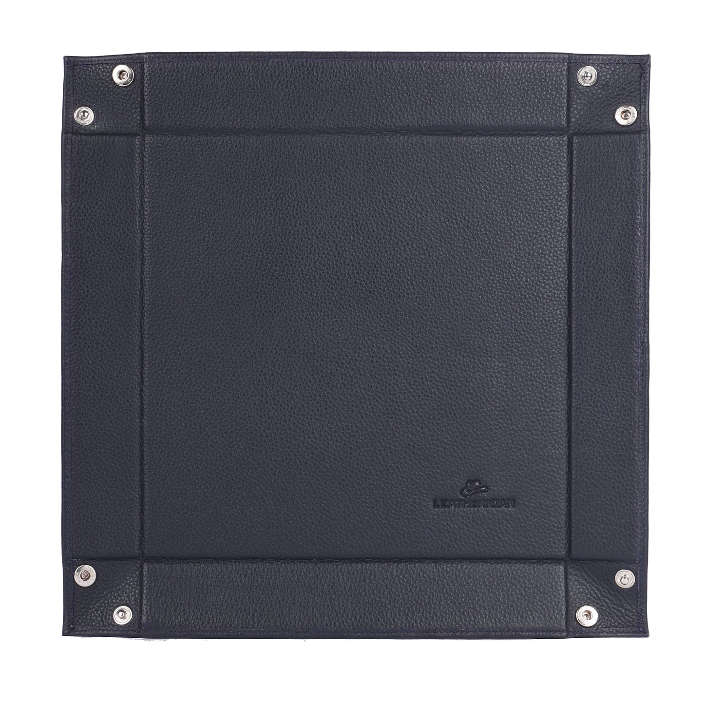 Black leather-bound notebook with metal fasteners on a white background