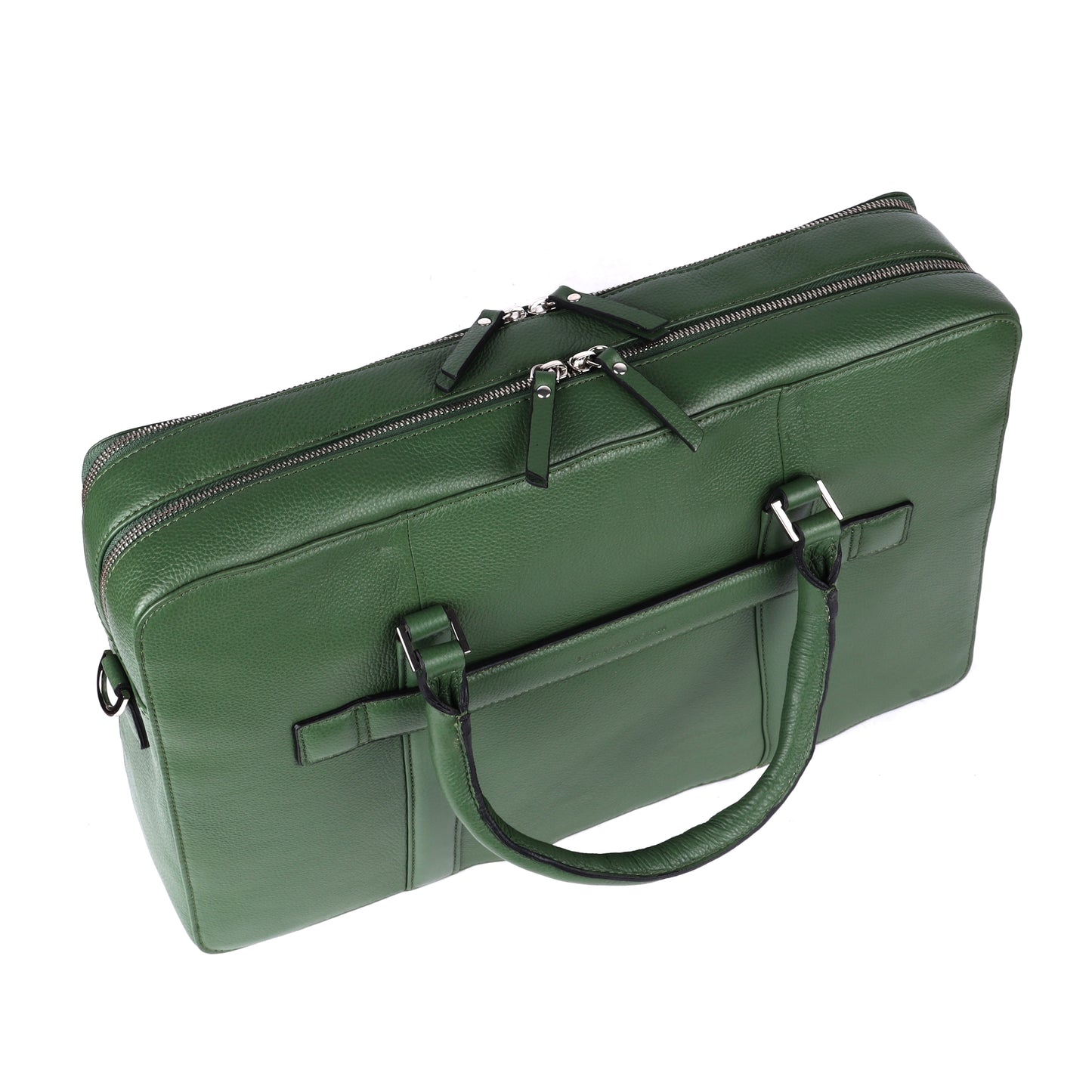 Green leather briefcase with a handle on a white background