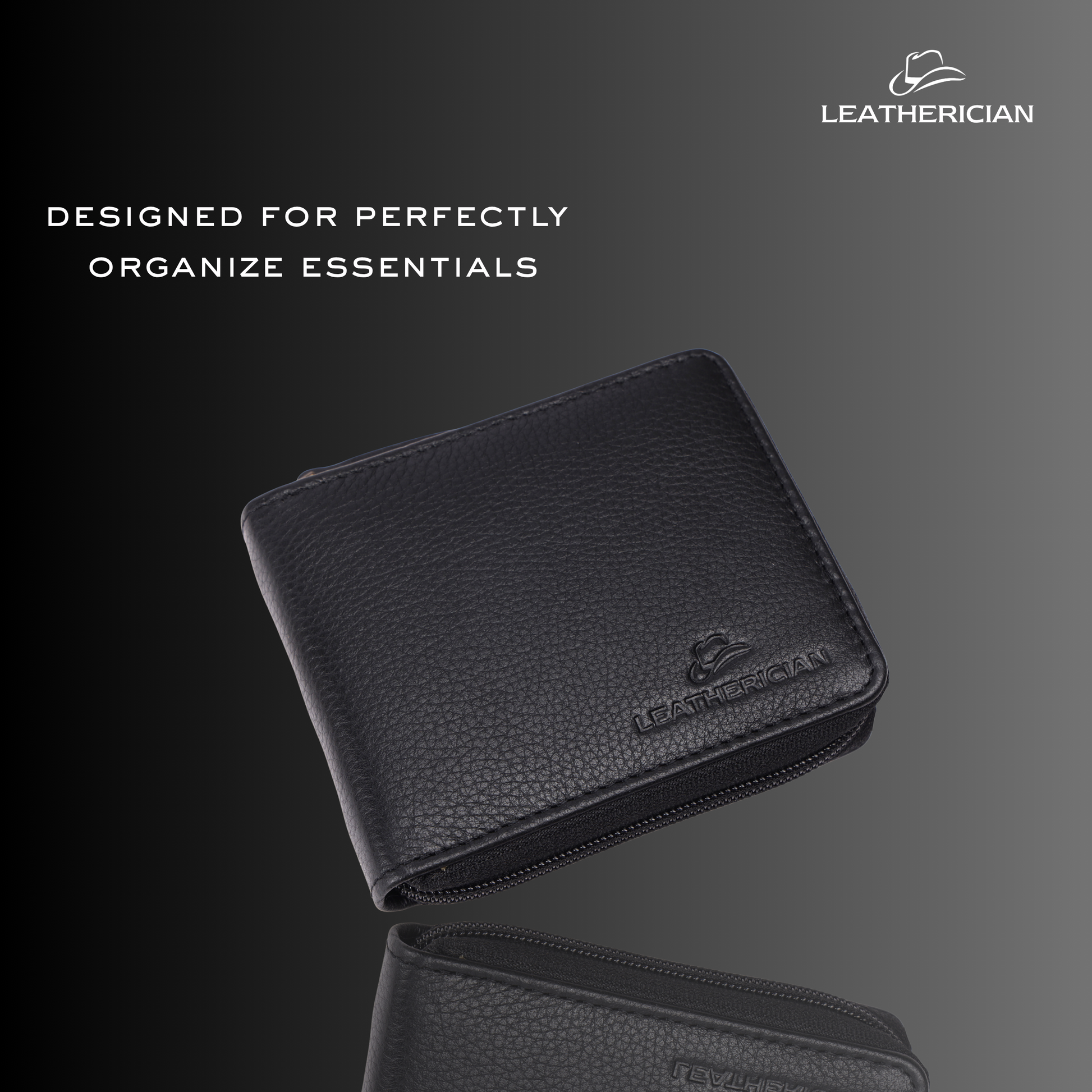 Black leather wallet with 'Leatherician' branding on a gray background