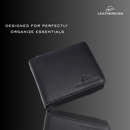 Black leather wallet with 'Leatherician' branding on a gray background