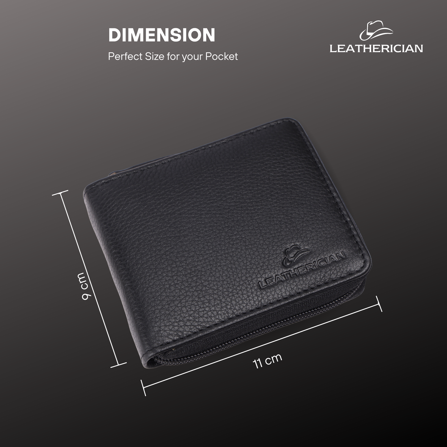 Black leather wallet with dimensions and 'Leatherician' branding on a dark background