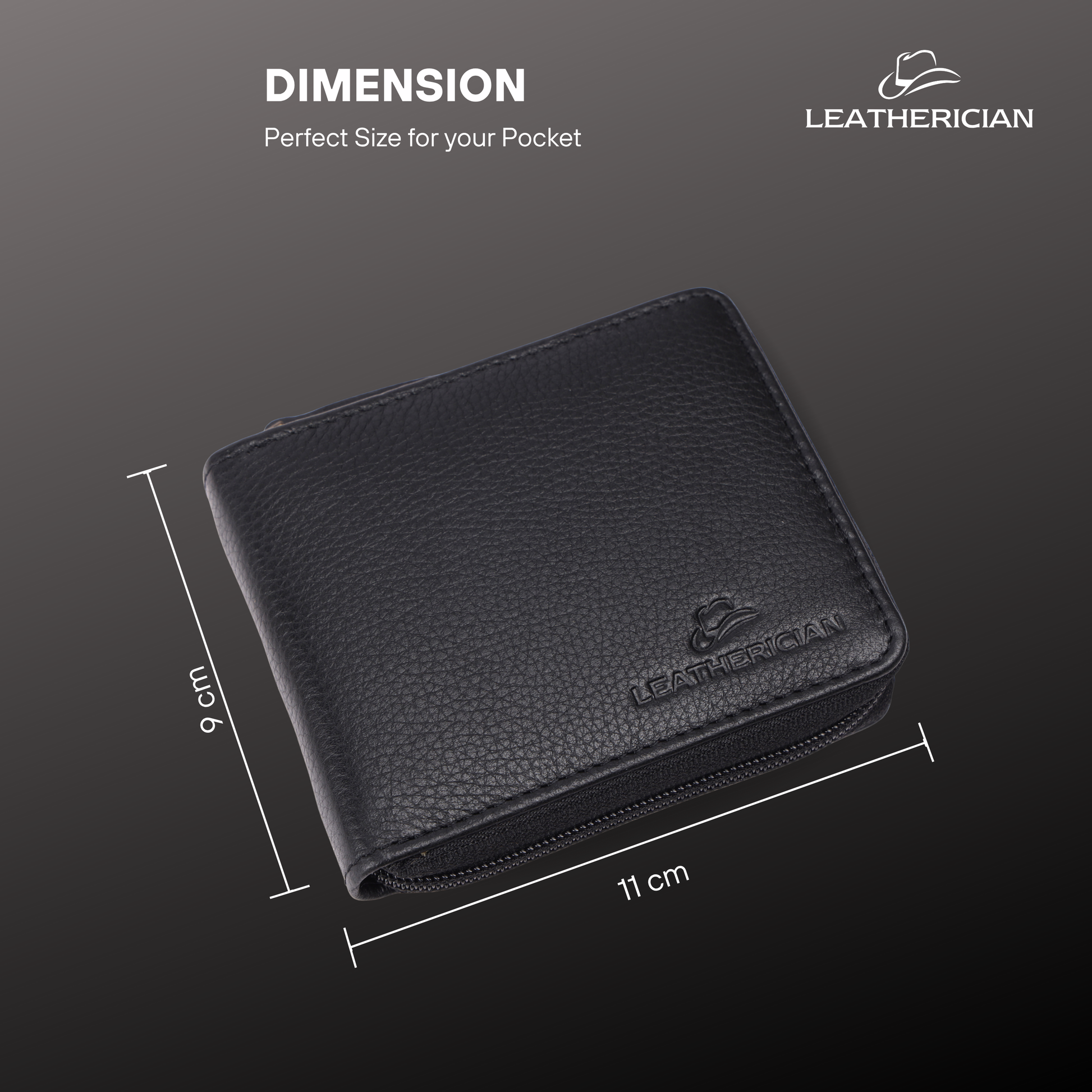 Black leather wallet with dimensions and 'Leatherician' branding on a dark background