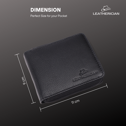 Black leather wallet with dimensions and 'Leatherician' branding on a dark background