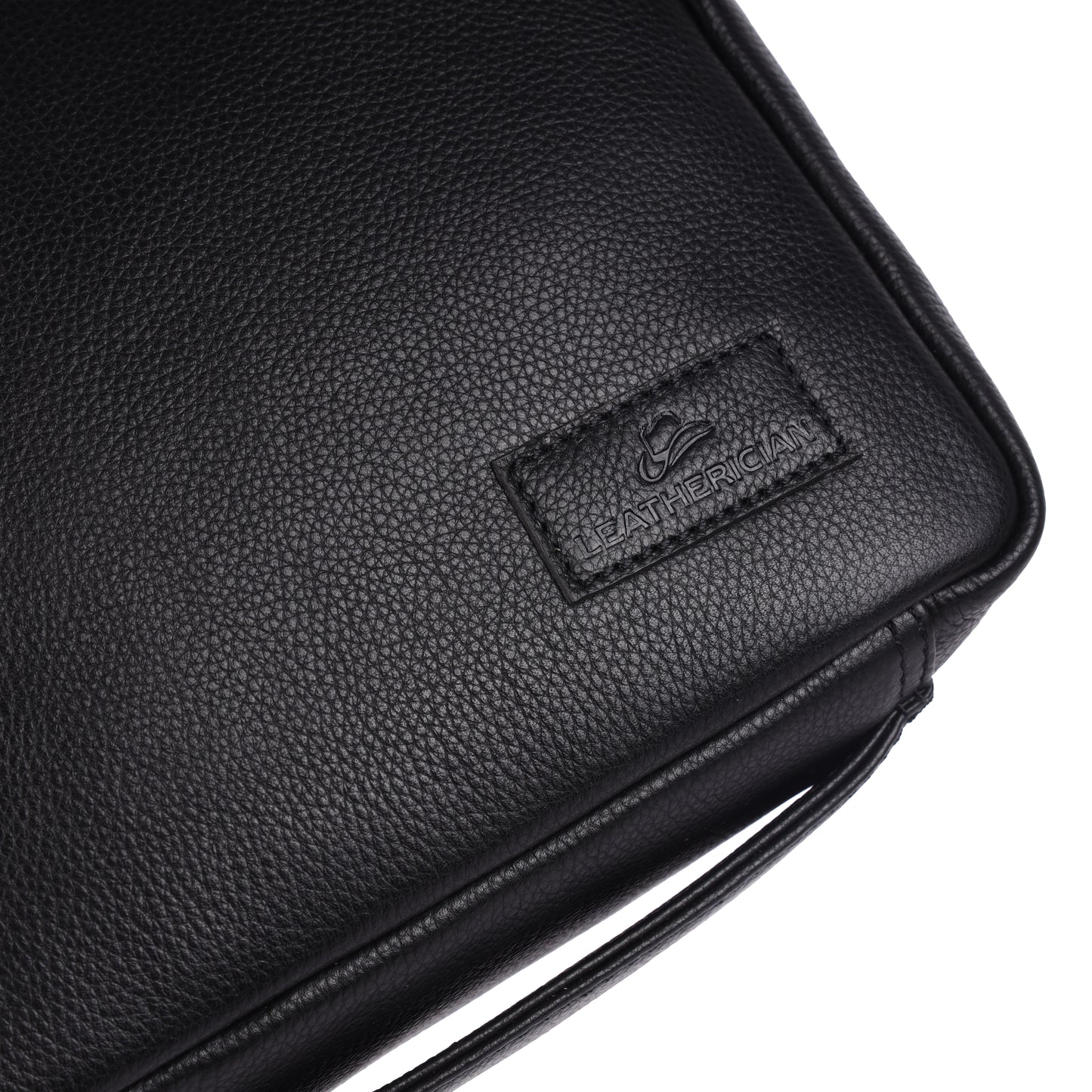 Black leather bag with a brand logo on a white background