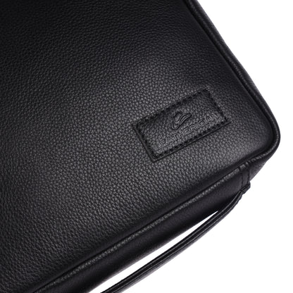 Black leather bag with a brand logo on a white background
