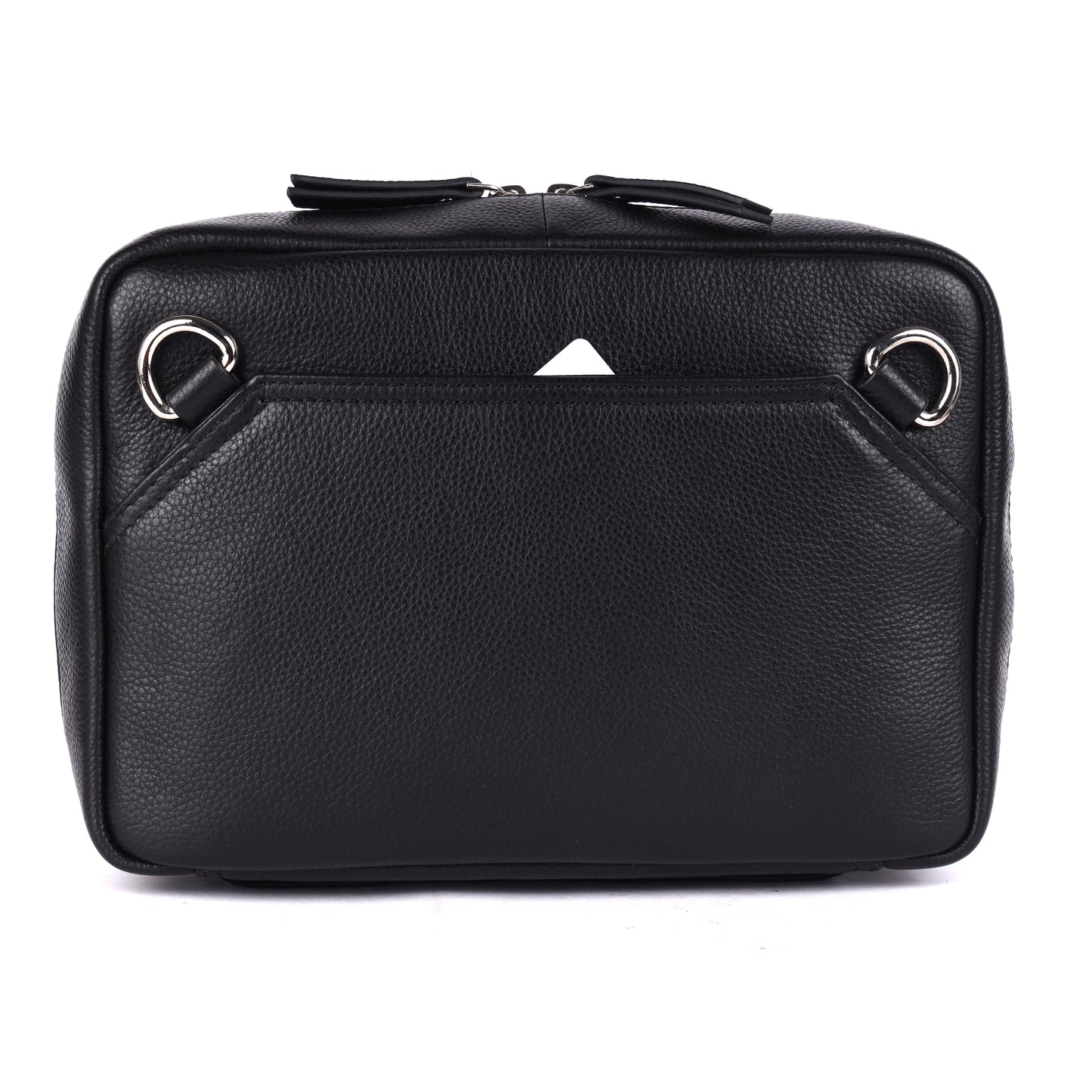 Black leather bag with silver hardware on a white background