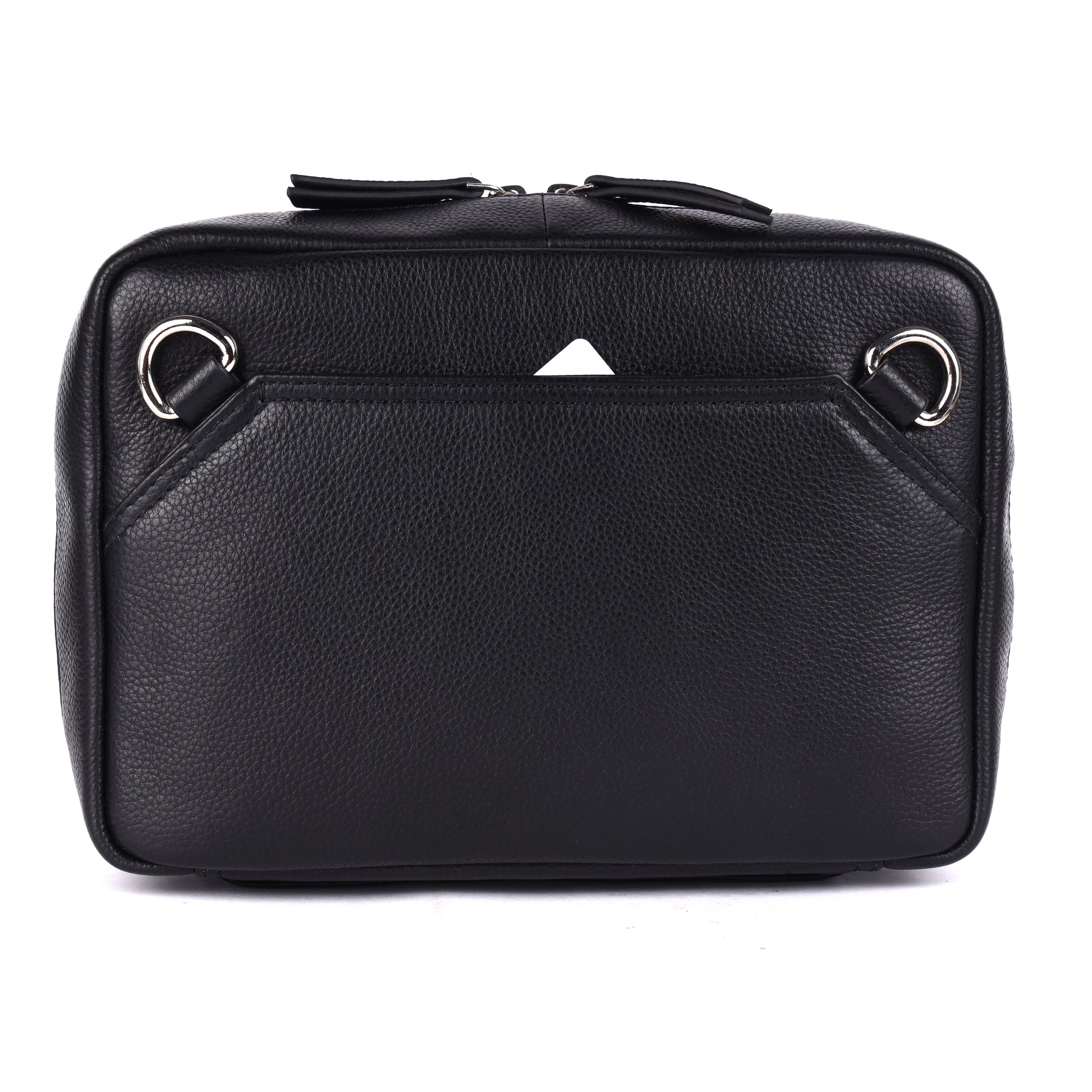 Black leather bag with silver hardware on a white background