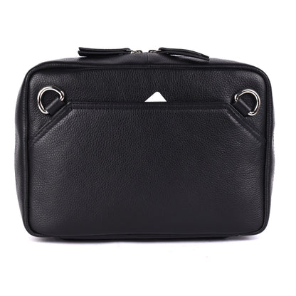 Black leather bag with silver hardware on a white background