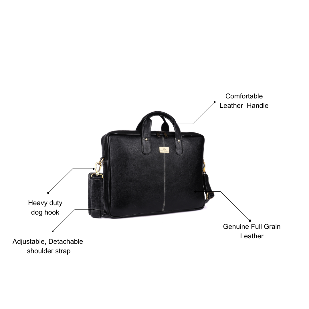 Black leather briefcase with features labeled on a white background