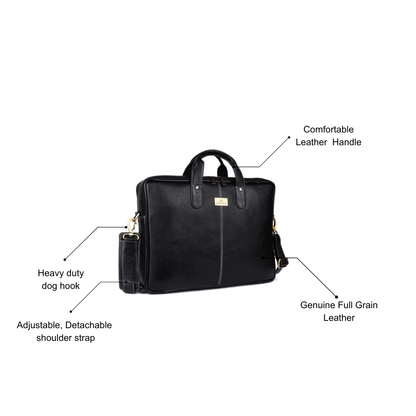 Black leather briefcase with features labeled on a white background