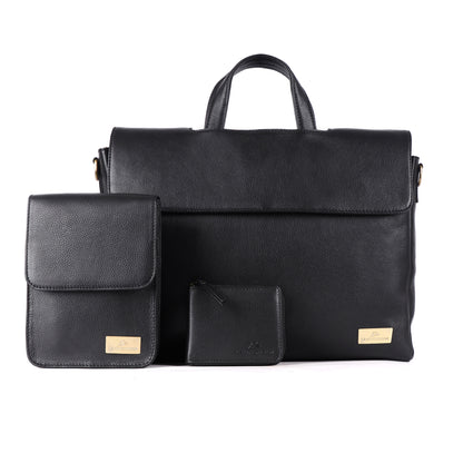 Black leather briefcase set with smaller pouches on a white background