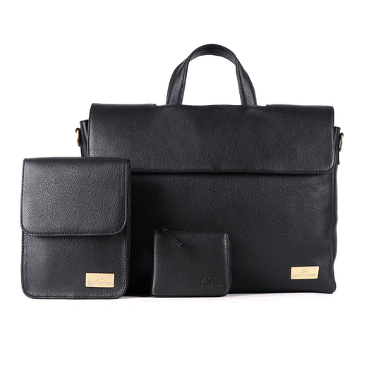 Black leather briefcase set with smaller pouches on a white background