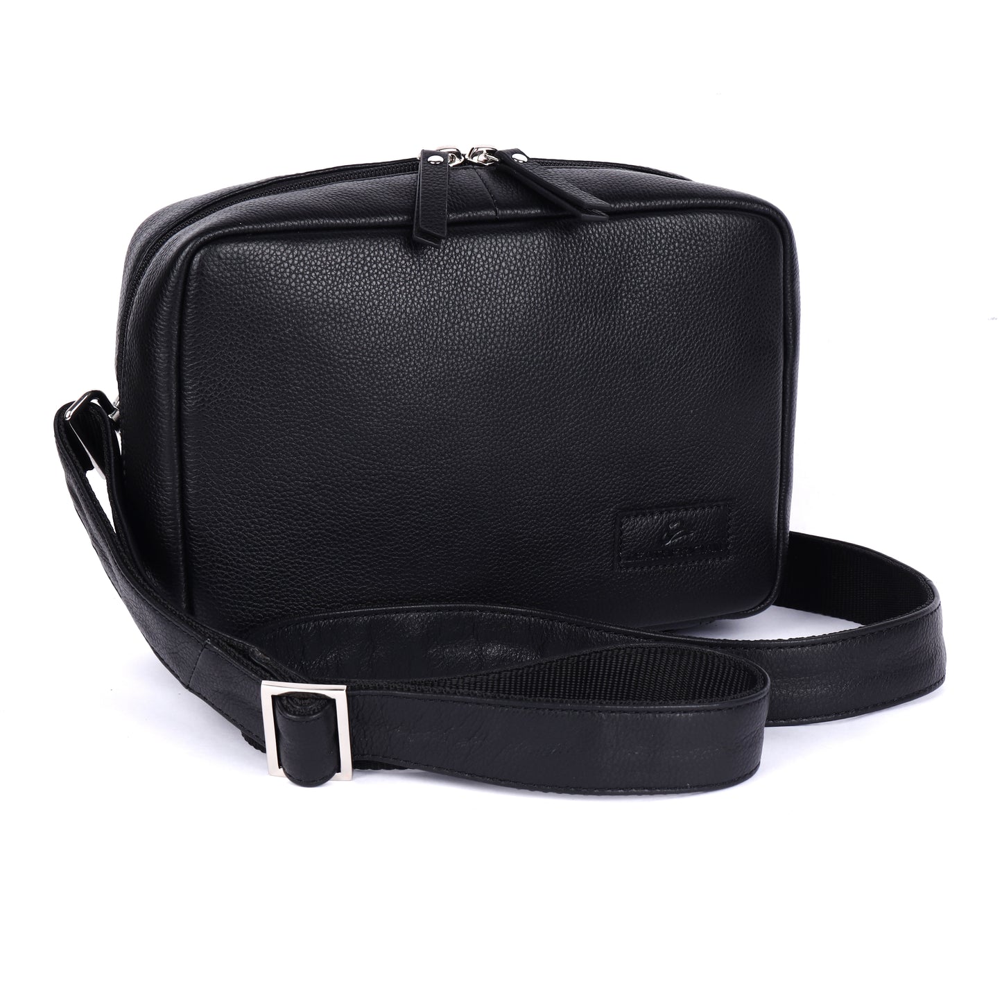 Black leather crossbody bag on a white background