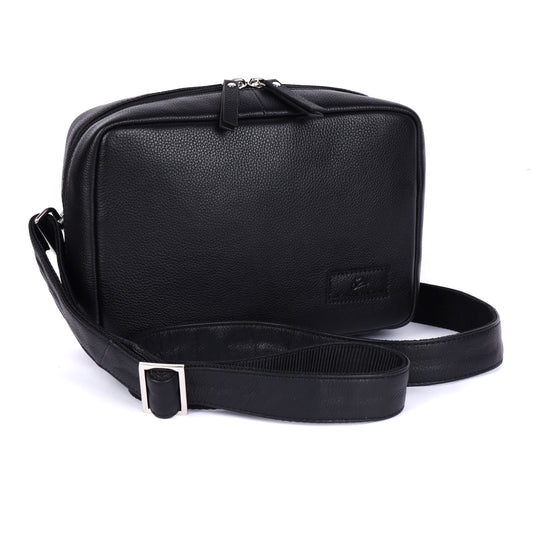 Black leather crossbody bag on a white background