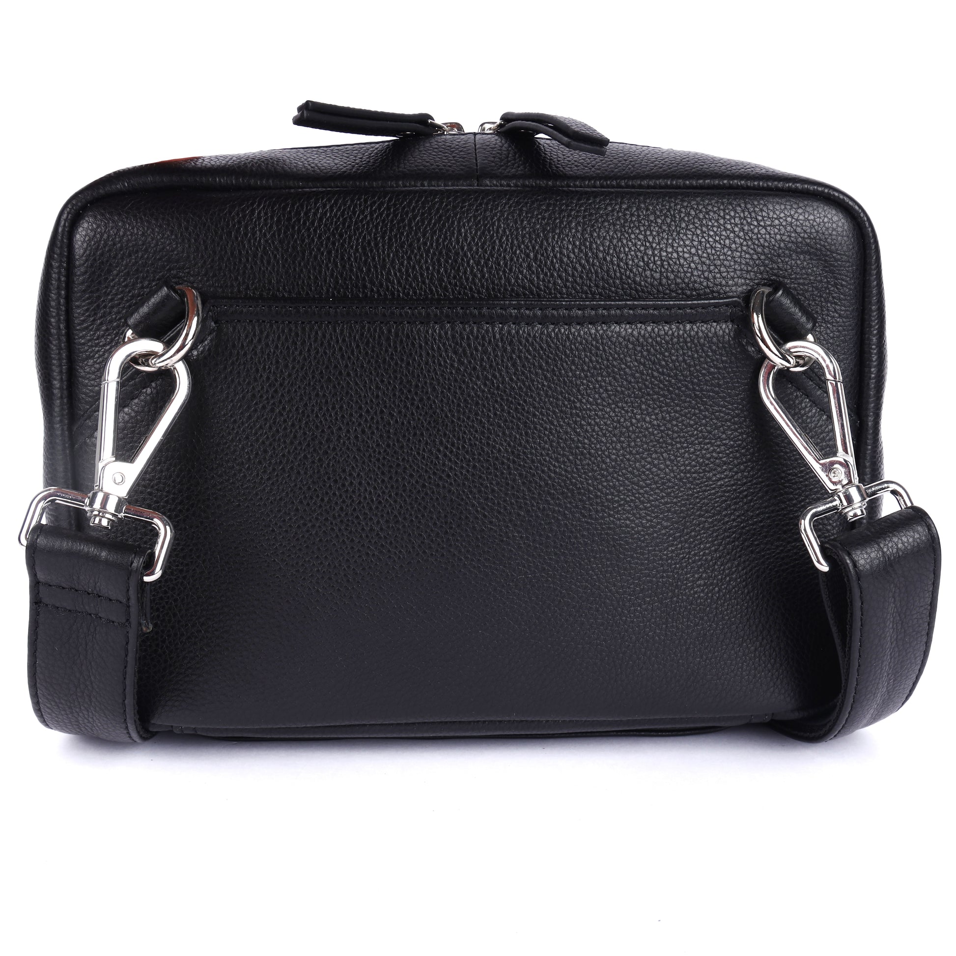 Black leather crossbody bag with silver hardware on a white background