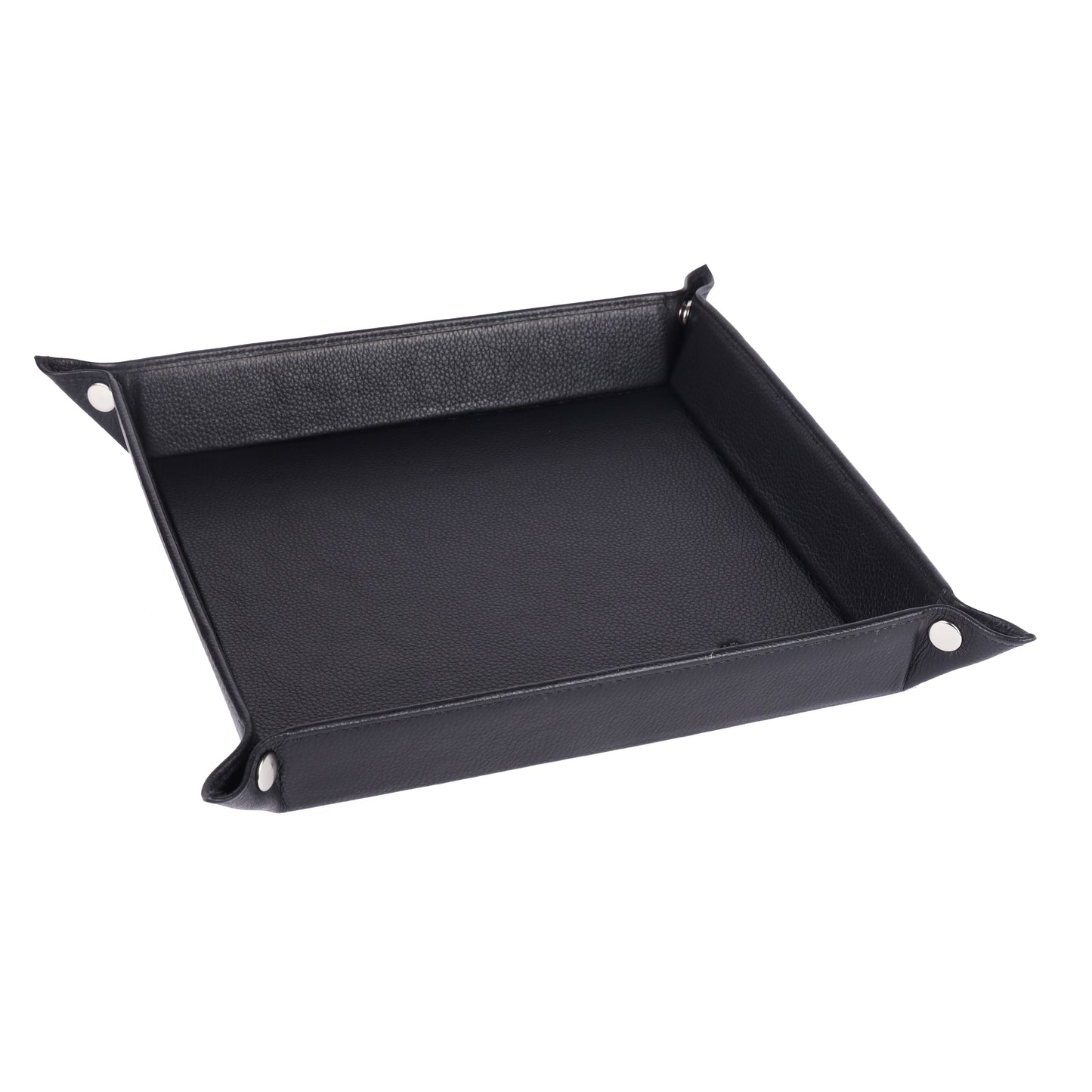 Black leather dice tray on a white background
