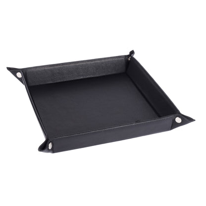Black leather dice tray on a white background