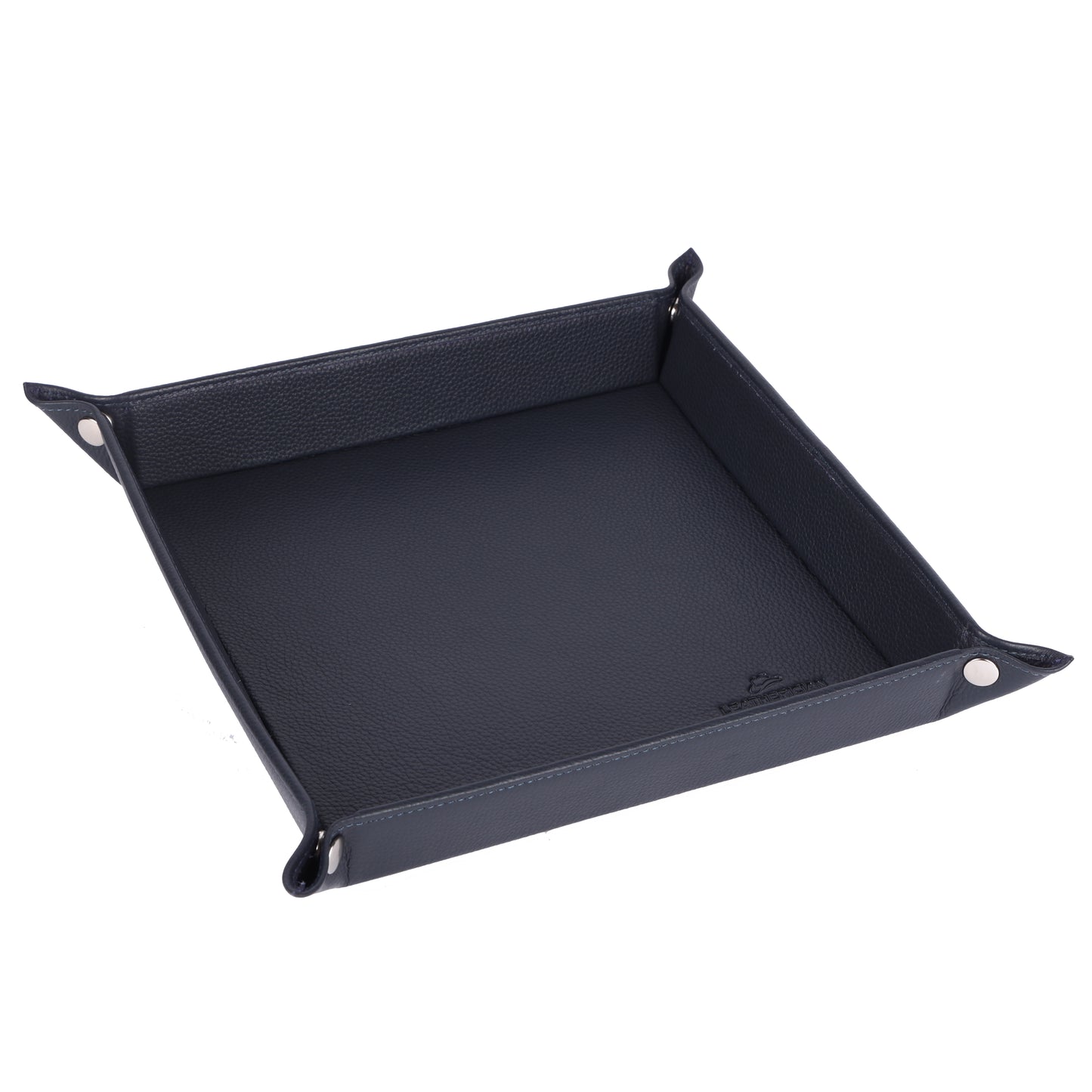 Black leather dice tray on a white background