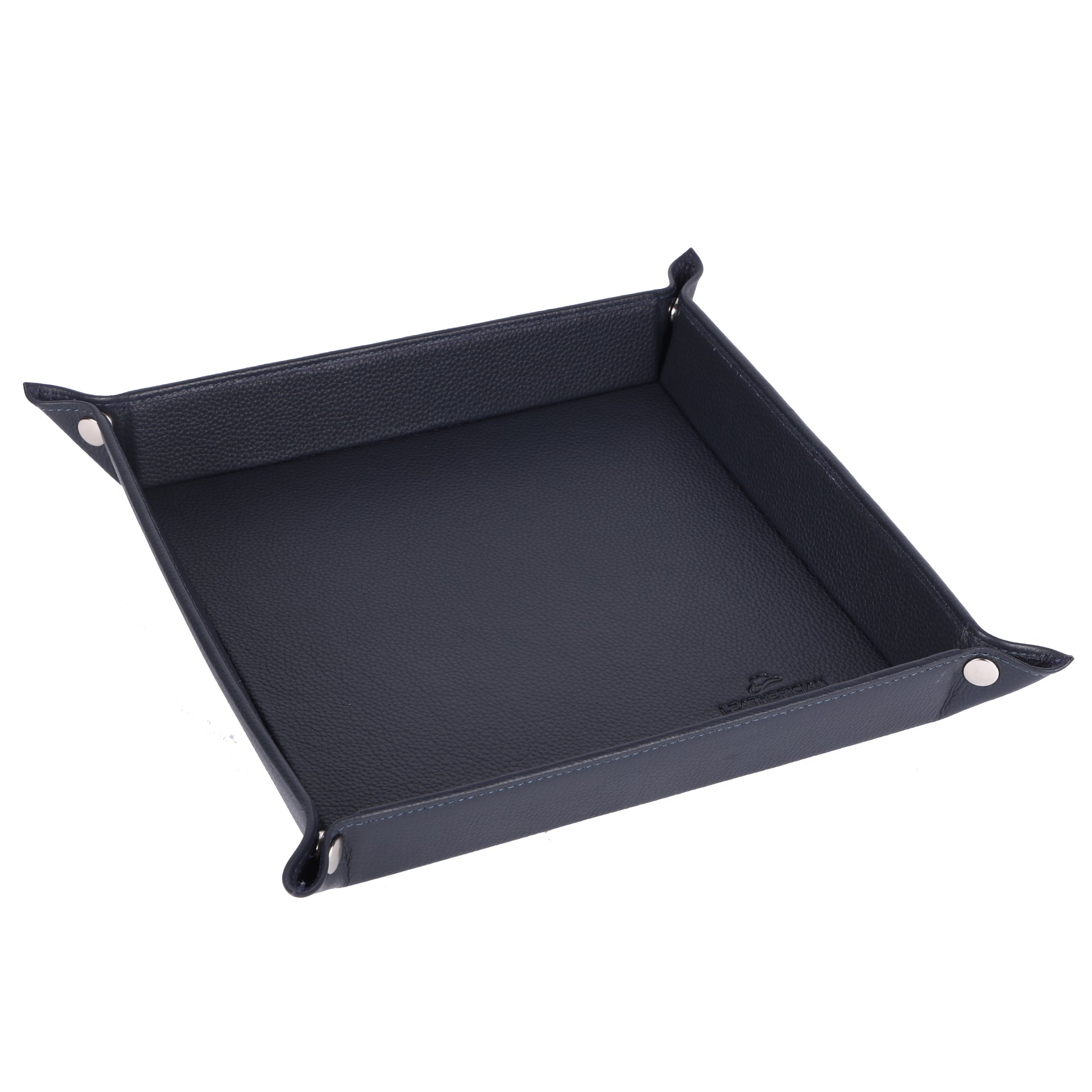 Black leather dice tray on a white background