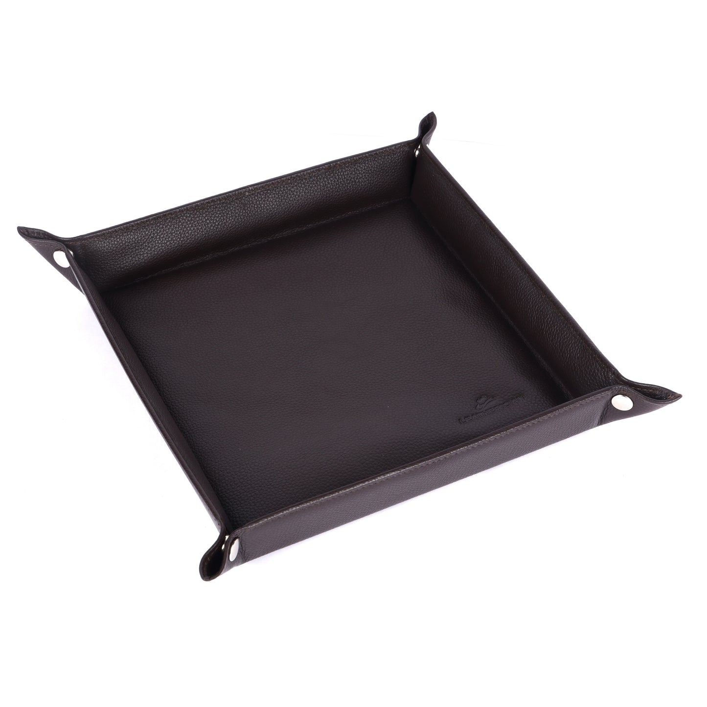 Black leather dice tray on a white background