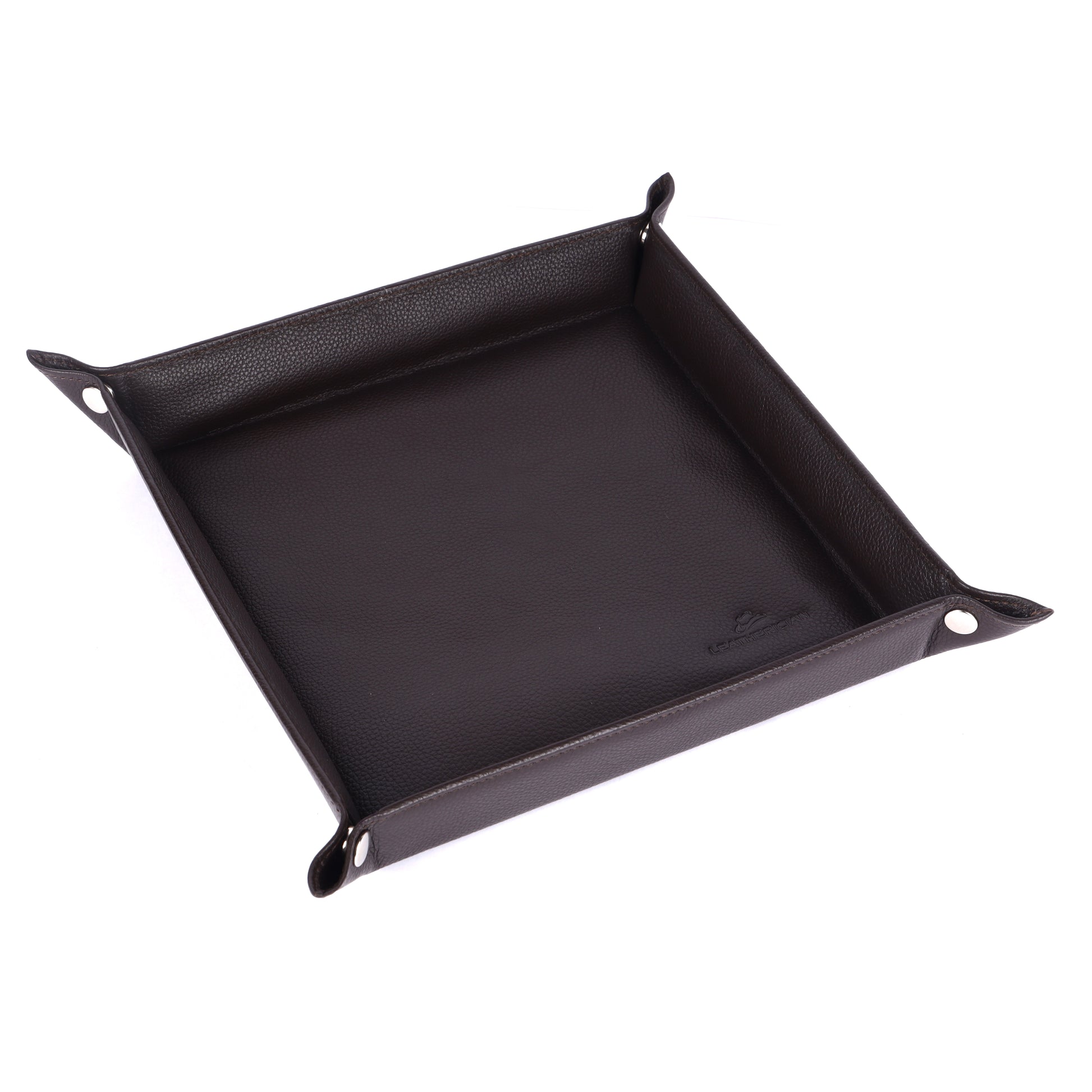 Black leather dice tray on a white background