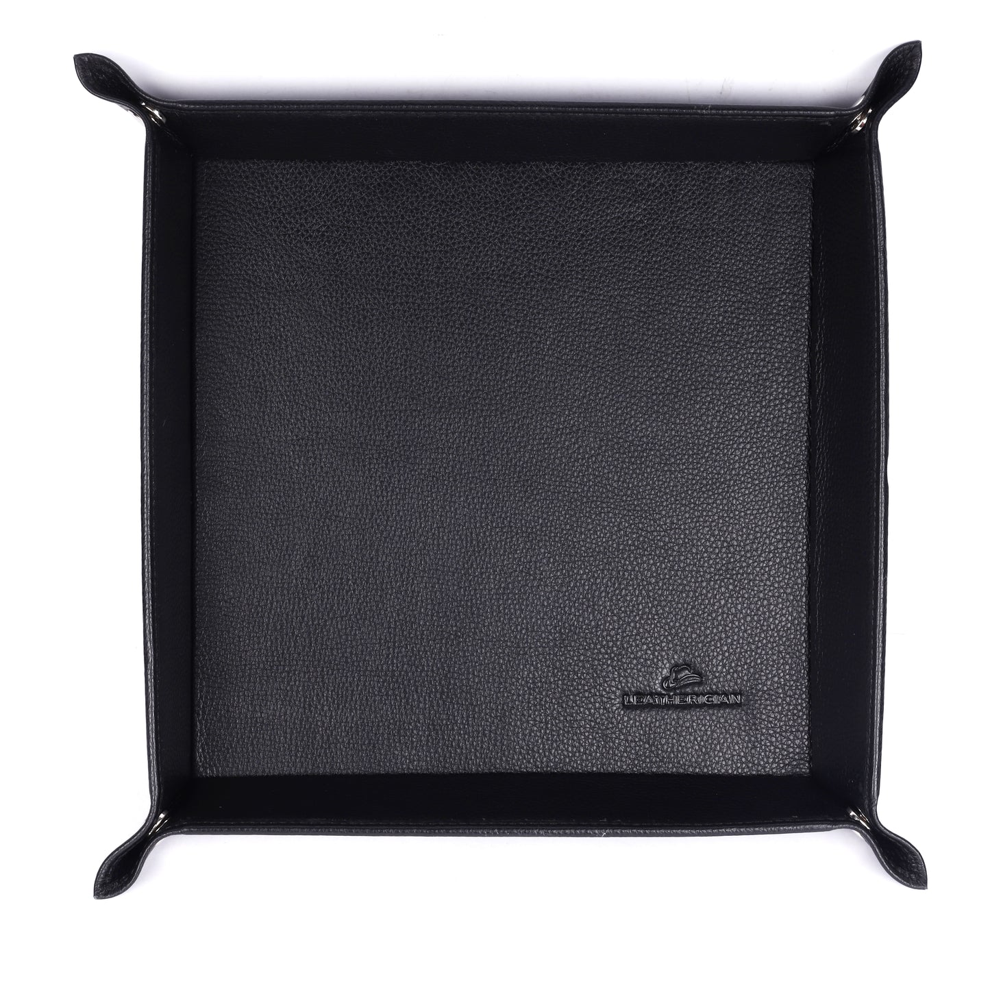 Black leather dice tray with a brand logo on a white background