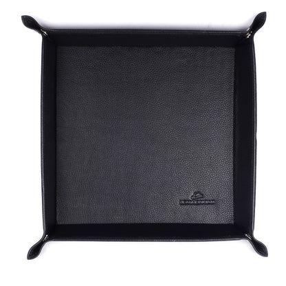 Black leather dice tray with a brand logo on a white background