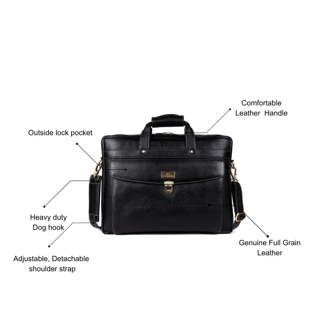 Black leather briefcase with features labeled on a white background