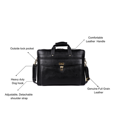 Black leather briefcase with features labeled on a white background
