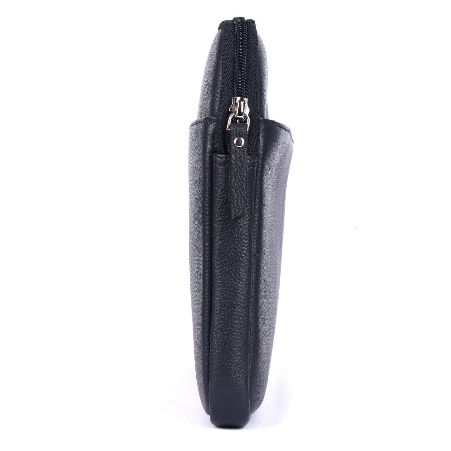 Black leather pouch with zipper on a white background
