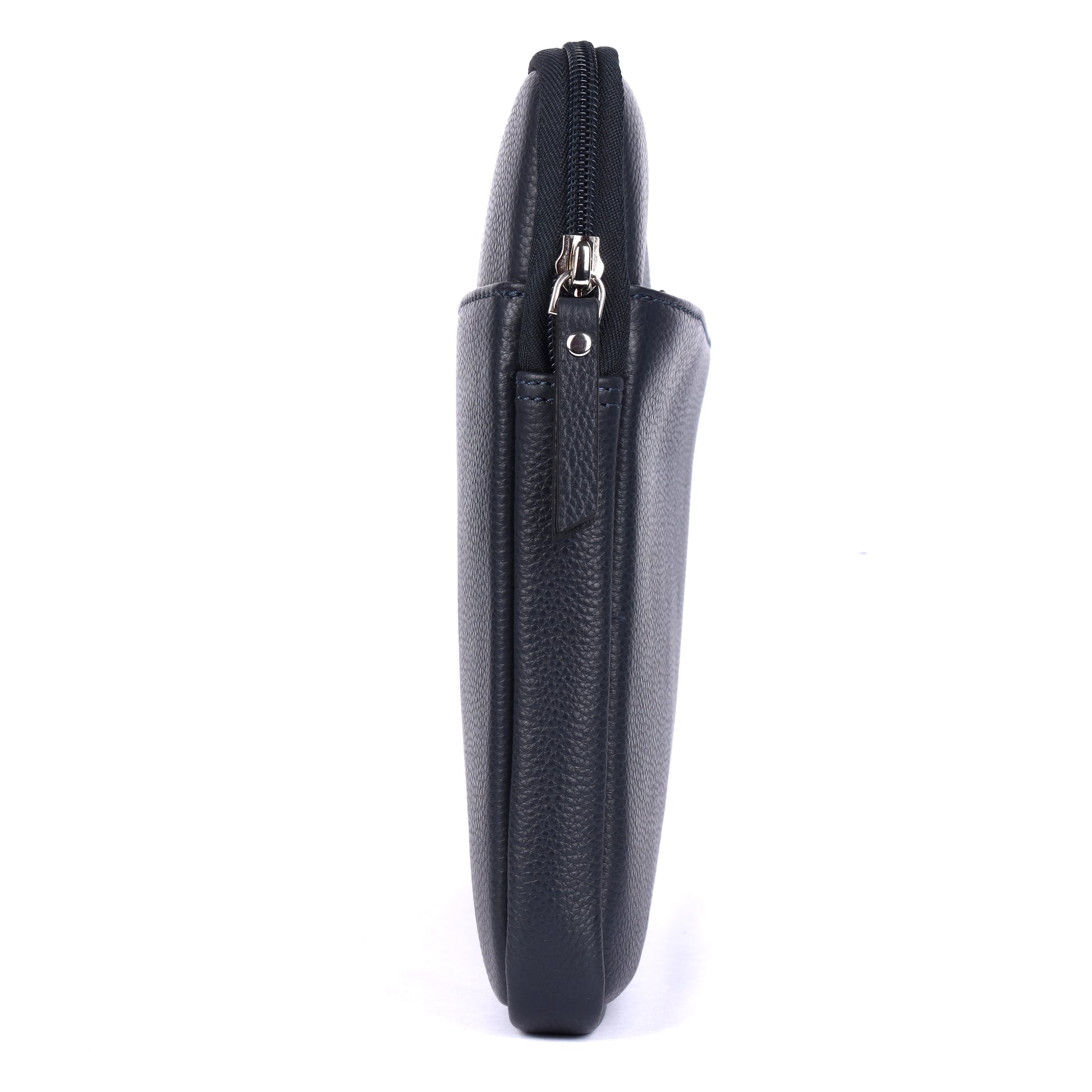 Black leather pouch with zipper on a white background