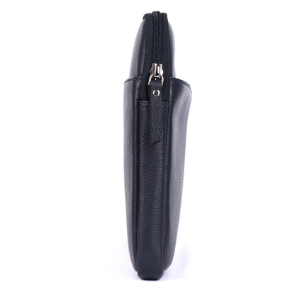 Black leather pouch with zipper on a white background