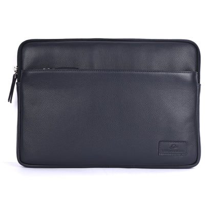 Black leather laptop sleeve with a brand logo on a white background
