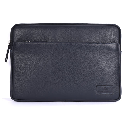 Black leather laptop sleeve with a brand logo on a white background