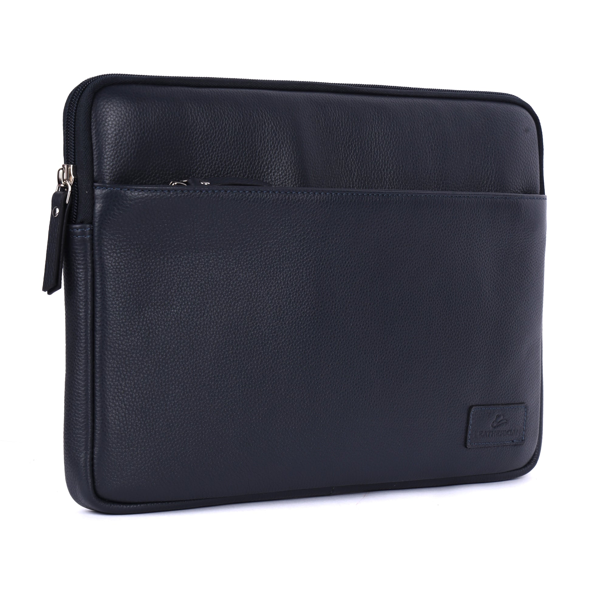 Black leather sleeve with zipper on a white background