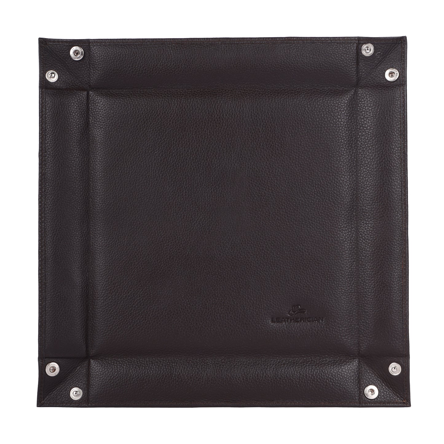 Black leather square with metal studs on a white background