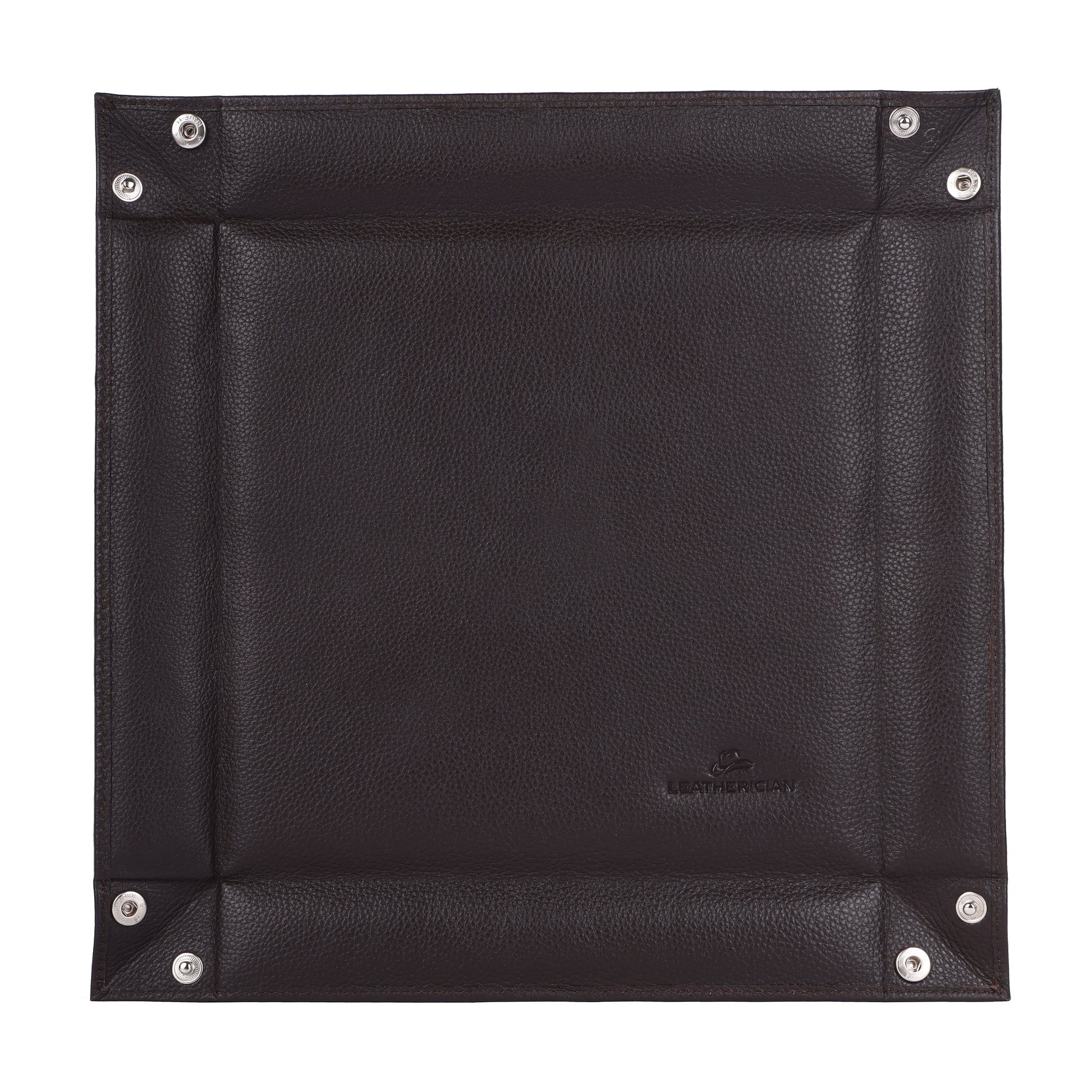 Black leather square with metal studs on a white background