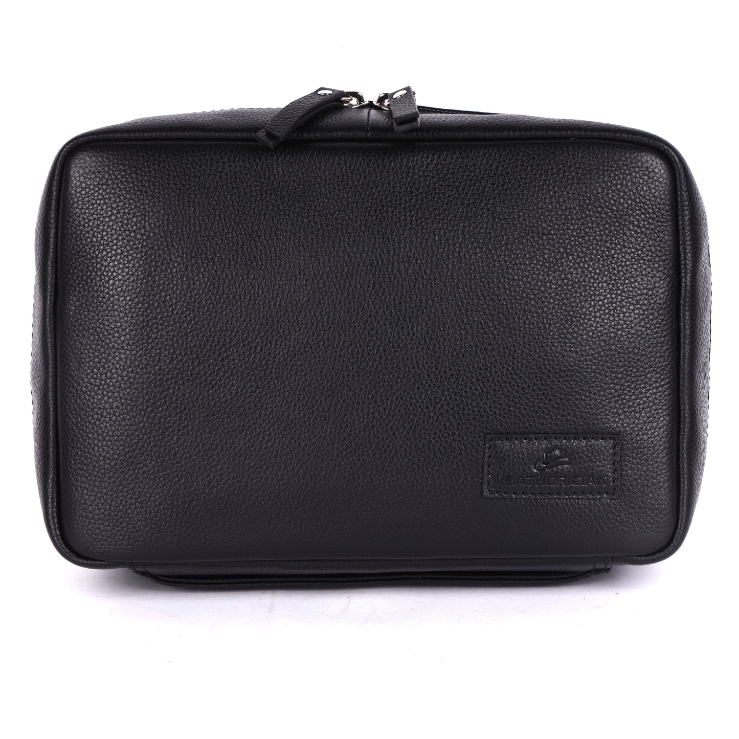 Black leather toiletry bag with a brand logo on a white background
