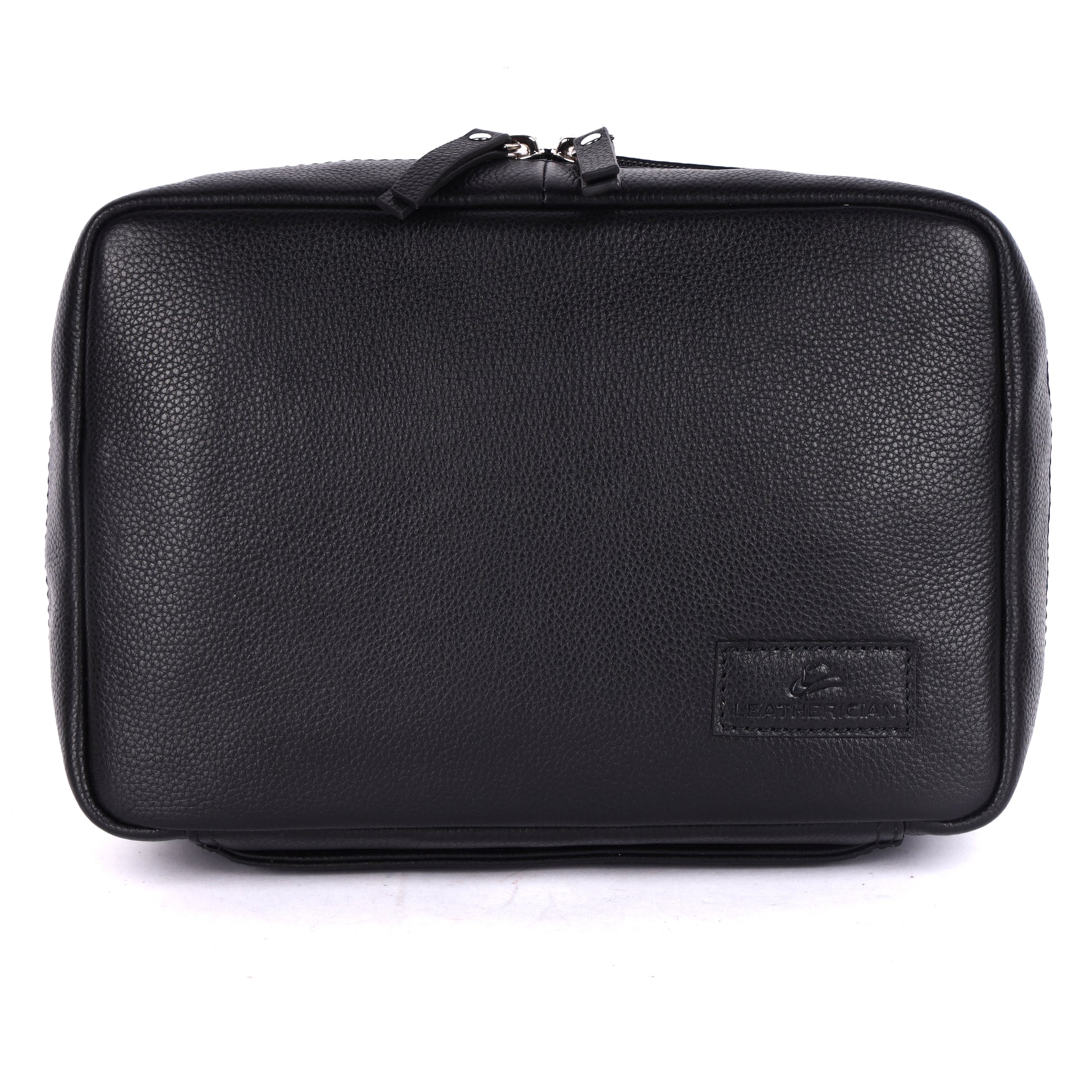 Black leather toiletry bag with a brand logo on a white background