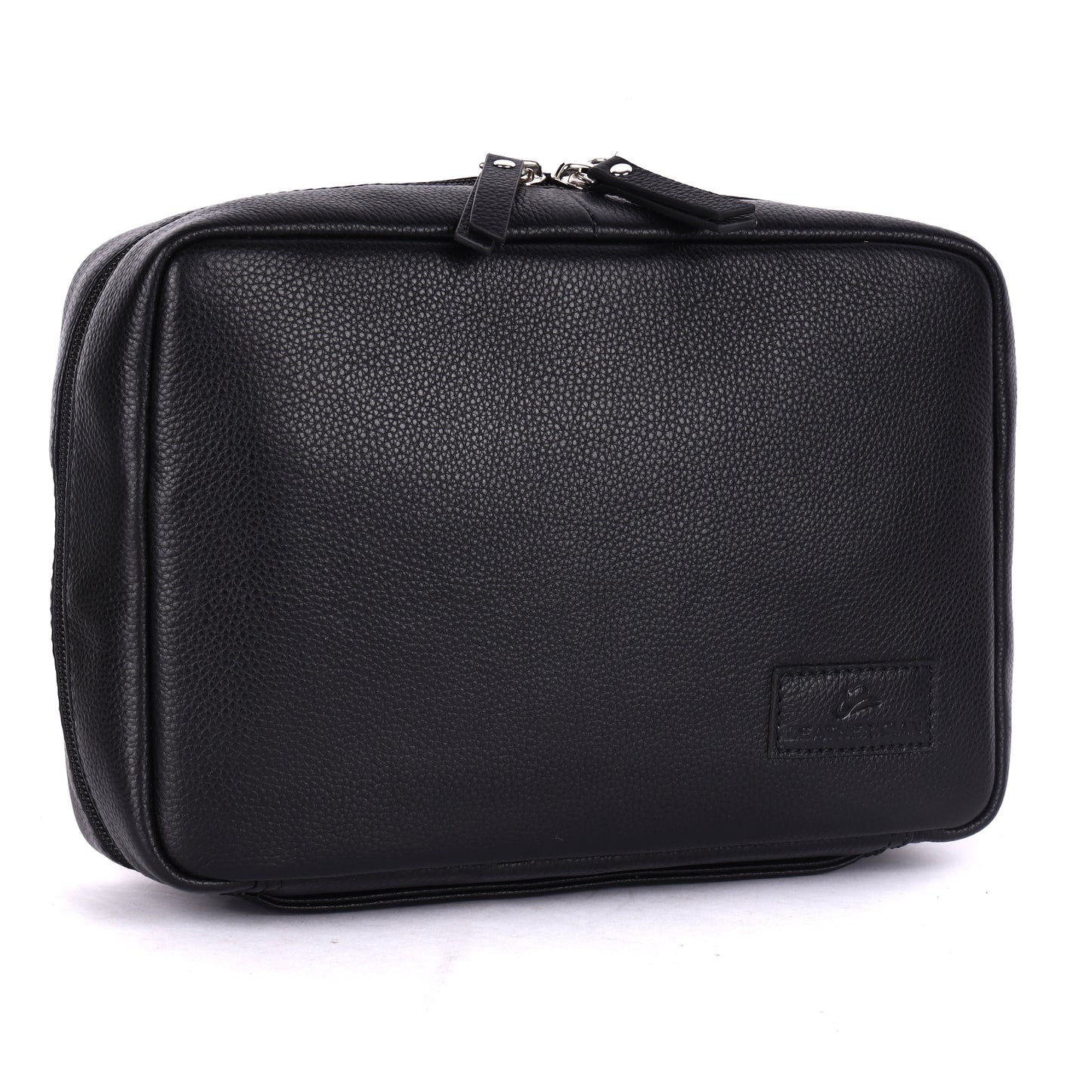 Black leather toiletry bag with a visible brand logo on a white background