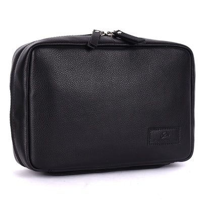 Black leather toiletry bag with a visible brand logo on a white background