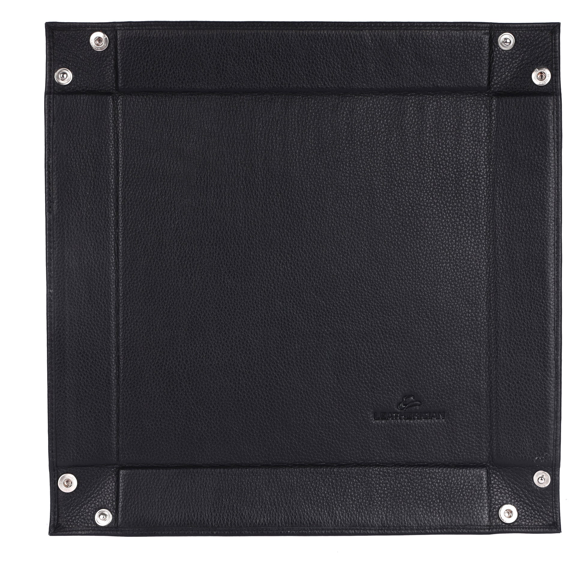 Black leather patch with metal rivets on a white background