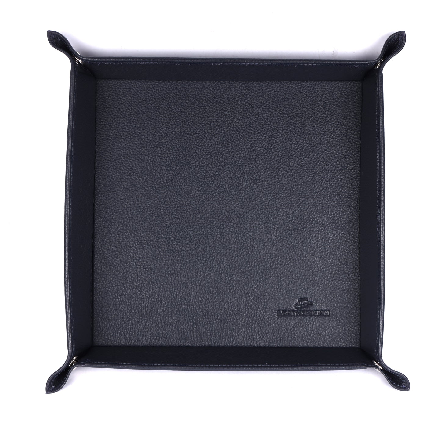 Black leather valet tray with a brand logo on a white background