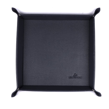 Black leather valet tray with a brand logo on a white background