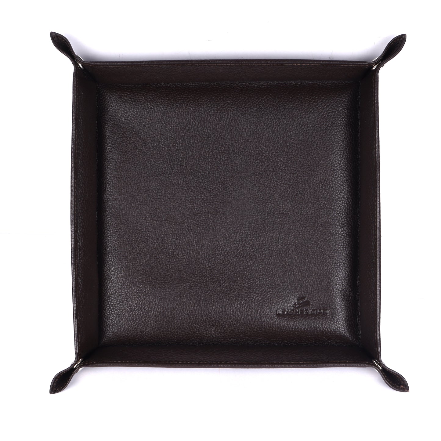Black leather tray with brand logo on a white background