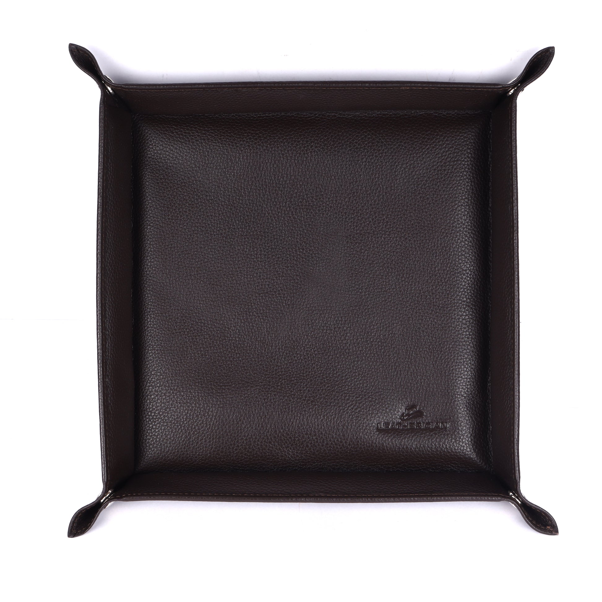 Black leather tray with brand logo on a white background